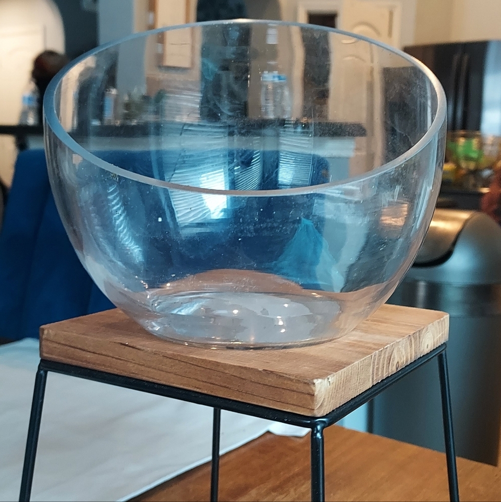Clear Glass Bowl on Wooden Stand, Minimal Wear